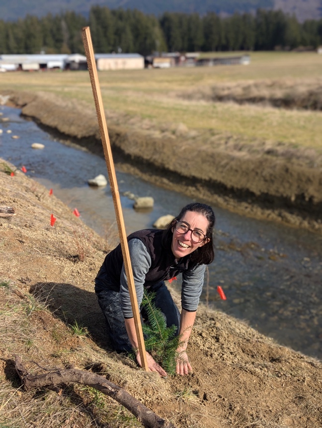 DURING: Phase 1: Planting of right bank (west) with native trees, shrubs, ferns and forbs. February 2025. 